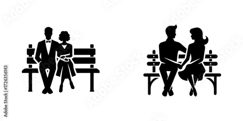Modern Minimalist Couple Sitting on Bench Icon, Flat Silhouette of Romantic Partners Resting Outdoors Vector for Love Illustration Design