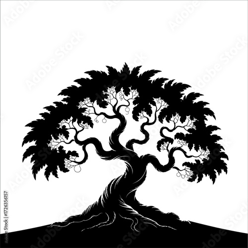 Minimalist tree silhouette illustration, abstract nature art, elegant botanical design with roots