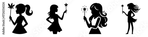 Modern Minimalist Girl Holding Fairy Wand Icon, Flat Silhouette of a Half Body Child with Magic Stick Vector for Fantasy Illustration Design