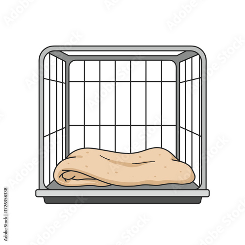 Soft blanket in open cage, cozy and safe, flat vector illustration of pet recovery or foster home setup on white background