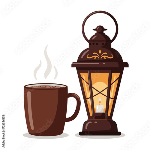 Steaming hot chocolate mug near vintage lantern, cozy and festive, flat vector illustration on white background