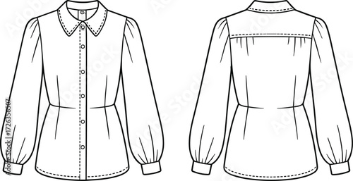 CAD drawing flat vector illustration of fitted blouse with front darts, back yoke, long puff sleeves, button placket, and collar