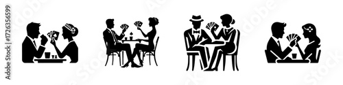 Modern Minimalist Woman Playing Cards with Husband Icon, Flat Silhouette of Couple Enjoying Game Vector for Lifestyle Illustration Design