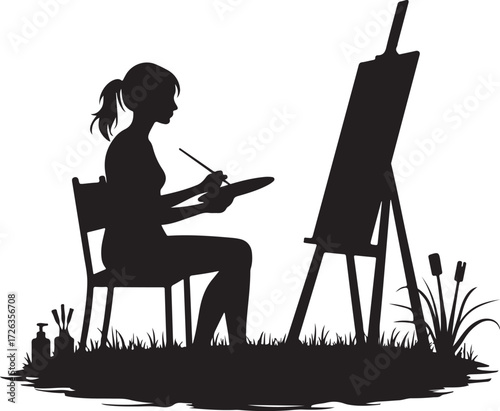 Woman painting outdoors on easel silhouette artist