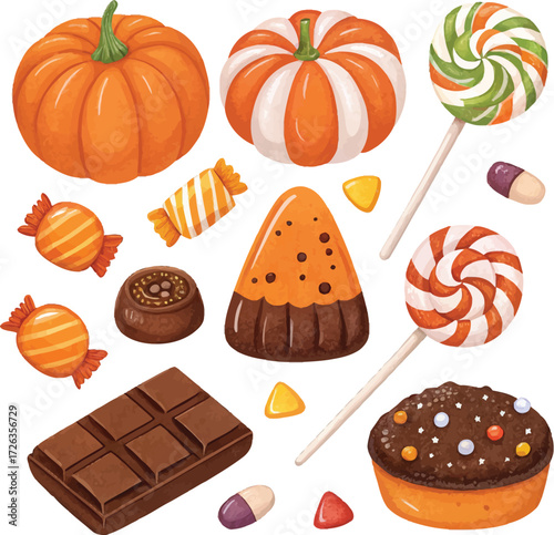 A festive collection of Halloween treats including pumpkins, lollipops, chocolates, and various candies on a white background.