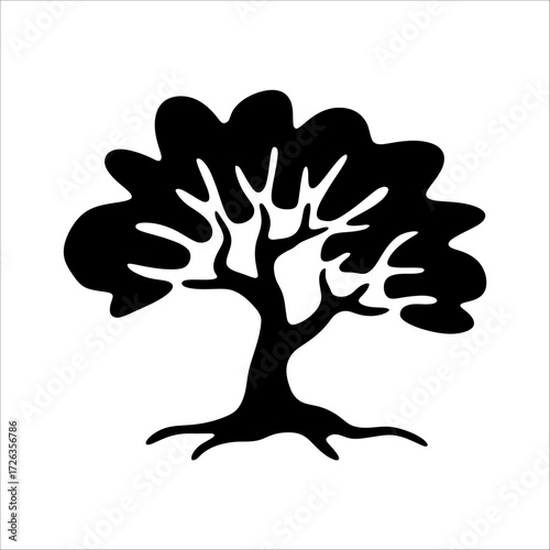 Minimalist tree silhouette illustration, abstract nature art, elegant botanical design with roots