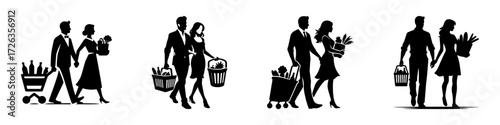 Modern Minimalist Woman Carrying Groceries with Husband Icon, Flat Silhouette of Couple Shopping Together Vector for Lifestyle Illustration Design