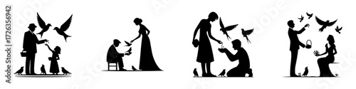 Modern Minimalist Woman Feeding Birds with Husband Icon, Flat Silhouette of Couple Interacting with Nature Vector for Lifestyle Illustration Design