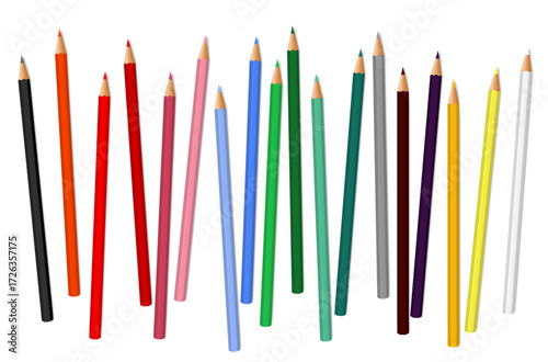 Colorful crayons scattered on white background. Vector illustration for school, children s design, art, and creative decoration.