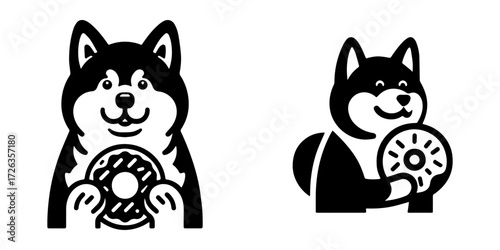 Modern Minimalist Alaskan Malamute Holding Donut Icon, Flat Silhouette of a Dog Vector for Dessert Illustration Design