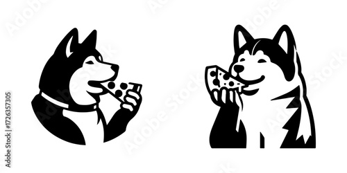 Modern Minimalist Alaskan Malamute Eating Pizza Slice Icon, Flat Silhouette of a Dog Vector for Food Illustration Design