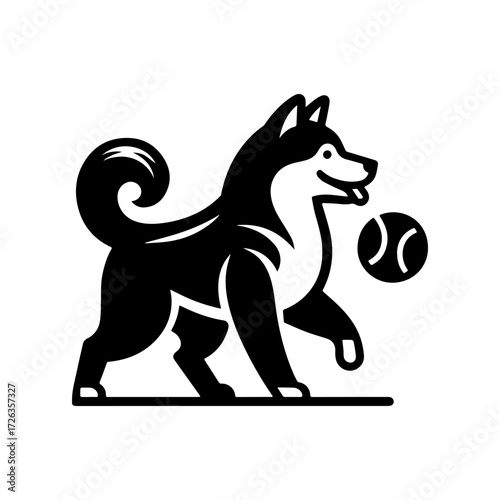 Modern Minimalist Akita Dog Playing Baseball Icon, Flat Silhouette of a Dog Vector for Sports Illustration Design