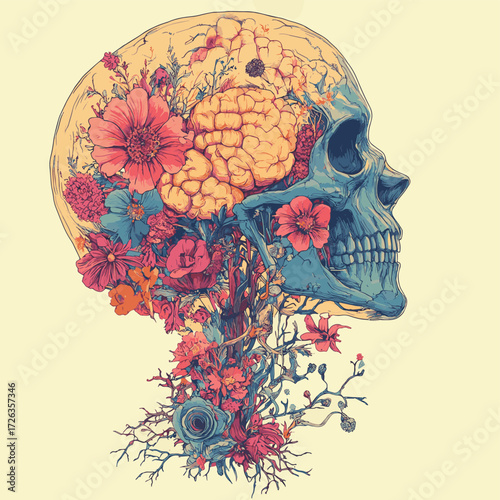 Anatomy of Abstract Thought A Fusion of Botanical Growth and Human Cranium Exploring the Fragile Beauty of the Mind , vector style simple color