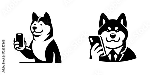 Modern Minimalist Alaskan Malamute Holding Phone Icon, Flat Silhouette of a Dog Vector for Technology Illustration Design