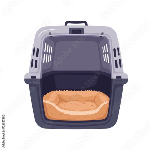 Open animal carrier with cozy bedding, safe and comfortable, flat vector illustration for pets on white background