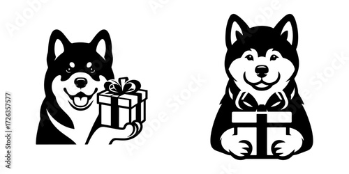 Modern Minimalist Alaskan Malamute Holding Gift Box Icon, Flat Silhouette of a Dog Vector for Celebration Illustration Design