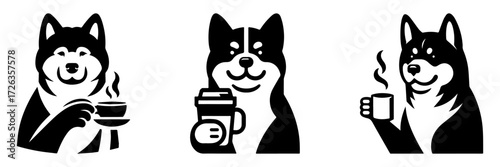 Modern Minimalist Alaskan Malamute Holding Coffee Cup Icon, Flat Silhouette of a Dog Vector for Beverage Illustration Design