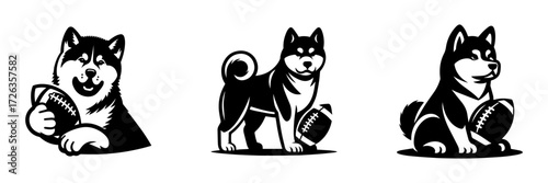 Modern Minimalist Alaskan Malamute Holding American Football Icon, Flat Silhouette of a Dog Vector for Sports Illustration Design