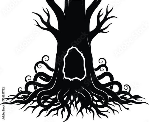 Vector Ent Tree with Hollow and Roots Silhouette Illustrator