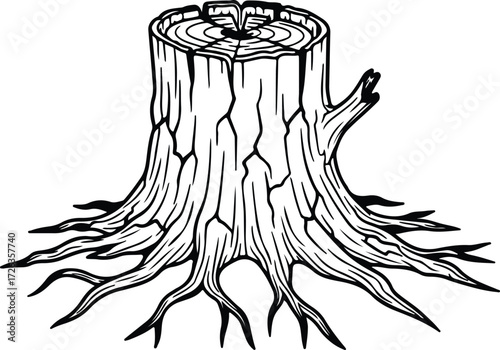 Vector Detailed tree stump with roots outline black silhouette Illustrator