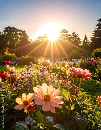 Sunlit garden with vibrant flowers at sunset