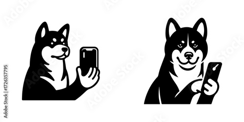 Modern Minimalist Akita Dog Holding Phone Icon, Flat Silhouette of a Dog Vector for Technology Illustration Design