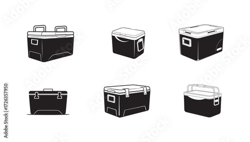 Ice Cooler Box Vector Illustration, Black and White Portable Container Clip art Set.