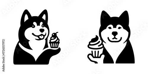 Modern Minimalist Akita Dog With Cupcake Icon, Flat Silhouette of a Dessert Pet Vector for Sweet Treat Illustration Design