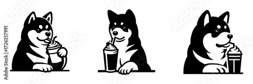 Modern Minimalist Akita Dog Drinking Milkshake Icon, Flat Silhouette of a Refreshing Pet Vector for Beverage Illustration Design