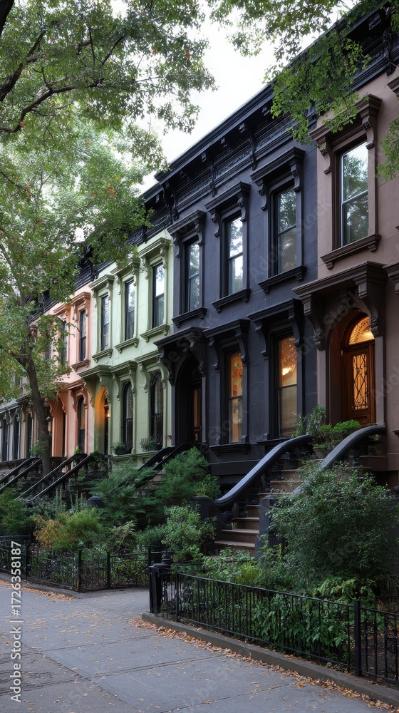 Fototapeta premium Colorful Townhouses on Tree Lined Street, Soft Lighting