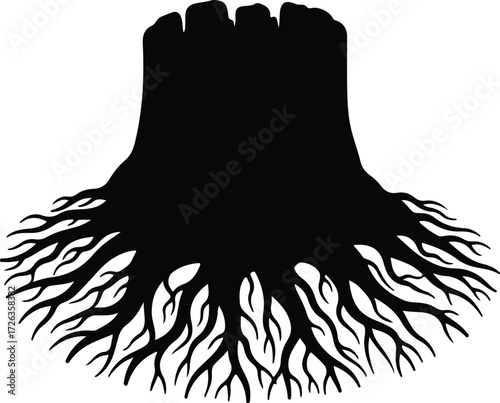 Vector old tree stump with roots isolated silhouette Illustrator