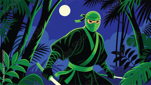 Fantasy Ninja At Night Illustrator Artwork Banner Background Design Template 