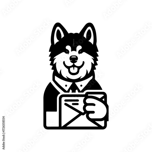 Modern Minimalist Alaskan Malamute Mailman Icon, Flat Silhouette of a Postal Pet Vector for Delivery Illustration Design