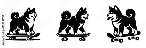 Modern Minimalist Akita Dog Playing Skateboard Icon, Flat Silhouette of a Pet Doing Trick Vector for Sports Illustration Design