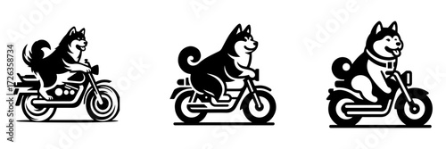 Modern Minimalist Akita Dog Riding Motorcycle Icon, Flat Silhouette of a Pet on Vehicle Vector for Adventure Illustration Design