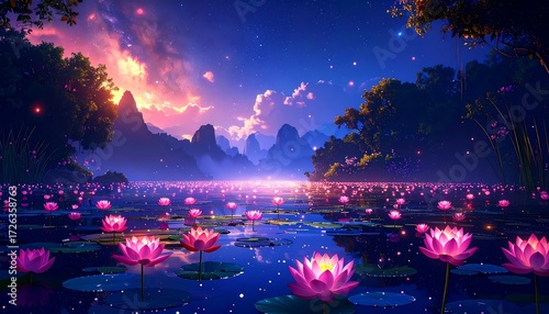 Serene twilight landscape; pink lotus flowers bloom on a calm lake, mountains in the background, under a starlit sky