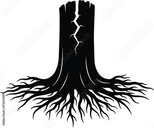 Vector Silhouette of a tree stump with visible roots Illustrator