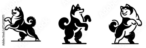 Modern Minimalist Akita Dog Dancing With Joy Icon, Flat Silhouette of a Playful Pet Vector for Fun Illustration Design