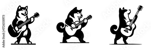 Modern Minimalist Akita Dog Playing Guitar Icon, Flat Silhouette of a Musical Pet Vector for Entertainment Illustration Design