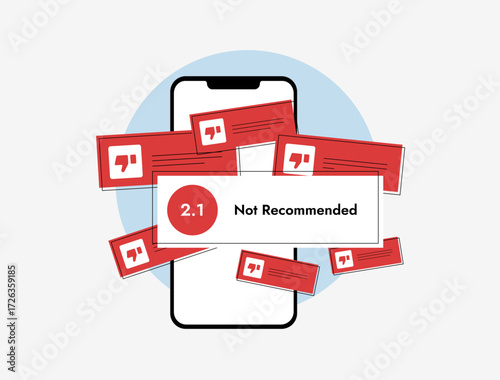 Mass posting of negative reviews and manipulated ratings damaging business reputation and reducing consumer trust, with biased feedback trends on digital platforms, vector illustration