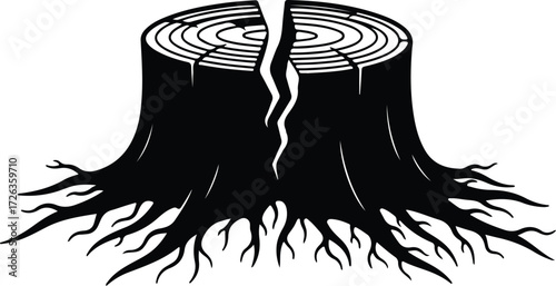 Vector Tree stump cracked ring pattern root system silhouette Illustrator
