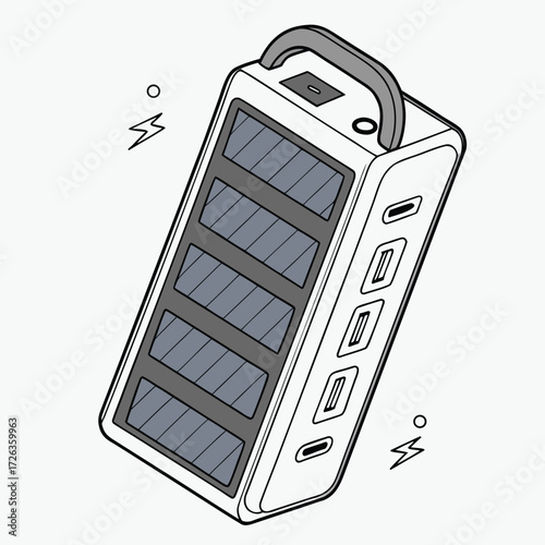Solar Power Bank: Sleek illustration of a solar-powered power bank, showcasing eco-friendly technology and sustainable energy in a minimalist line art style.