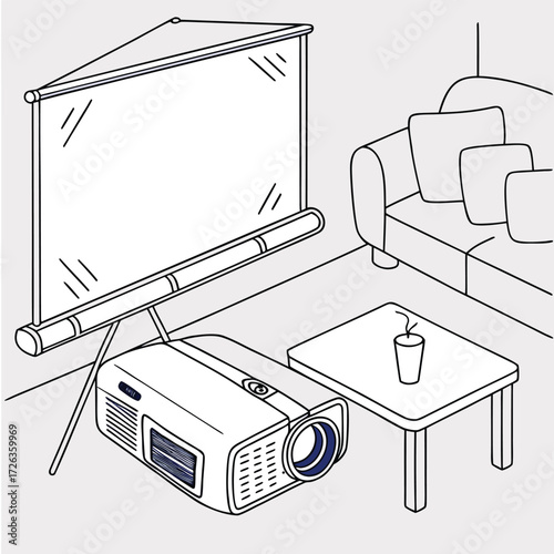 Cozy Home Theater Setup: A minimalist illustration depicts a home theater setup with a projector, screen, and sofa, creating a relaxing atmosphere for watching movies.