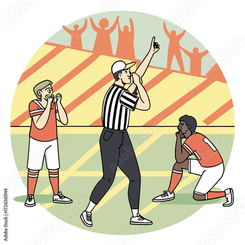 Referee’s Call: An illustration captures a critical moment in a sports match, where a referee makes a call, capturing the intense drama and sportsmanship on the field. 