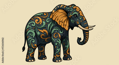Elephant with leafy patterns, decorative and intricate, stylized poster design, ornamental style