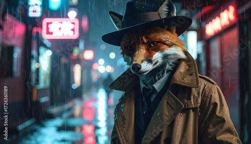 A fox in a fedora and trench coat stands in a rainy, neon-lit alleyway.
