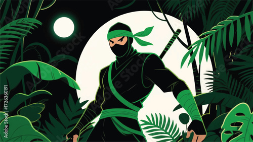 Ninja in the Night Forest Illustrator Artwork Banner Background Design Template 