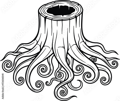 Vector Tree stump roots intricate line art style silhouette Illustrator
