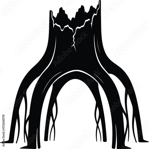 Vector Tree stump weathered bark broken roots silhouette Illustrator