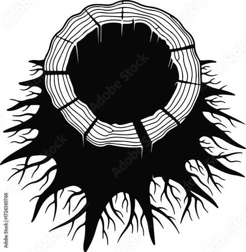 Vector Tree stump with roots and growth rings silhouette Illustrator